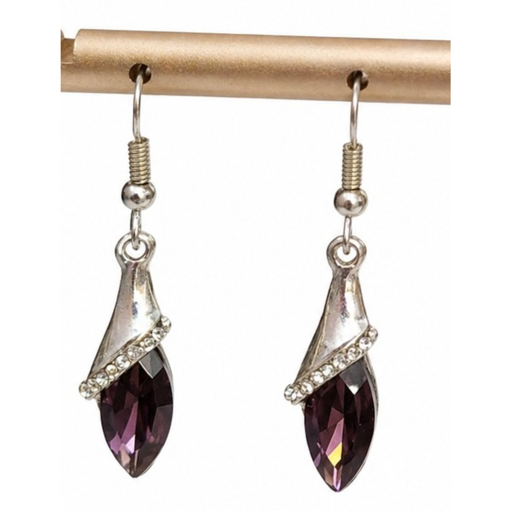 Purple & Clear Glass Rhinestone Silver Tone Pierced‎ Earrings 1.75" E-TN7